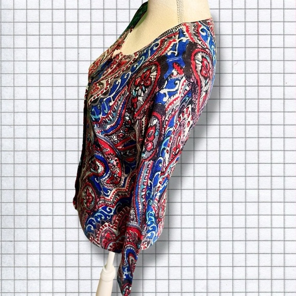 Talbots 100% Merino Wool Blue & Red Multicolor Brushed Paisley Cardigan Size S - Picture 6 of 12